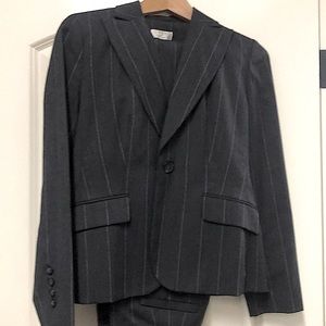 Gray suit with purple pinstripes